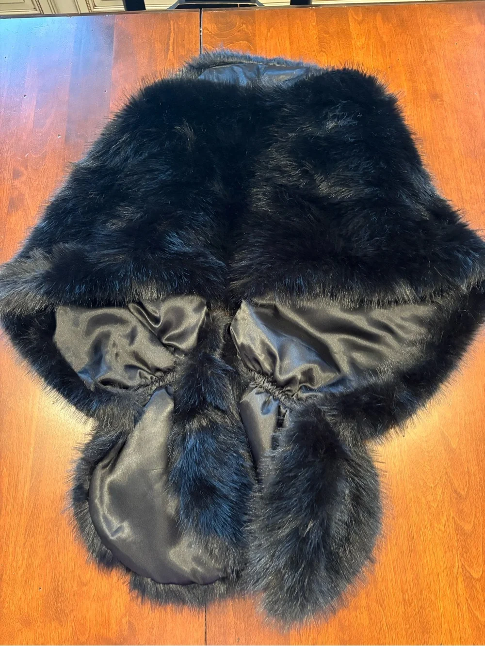 Joseph Ribkoff Black Faux Fur Shawl with Decorative Clasp